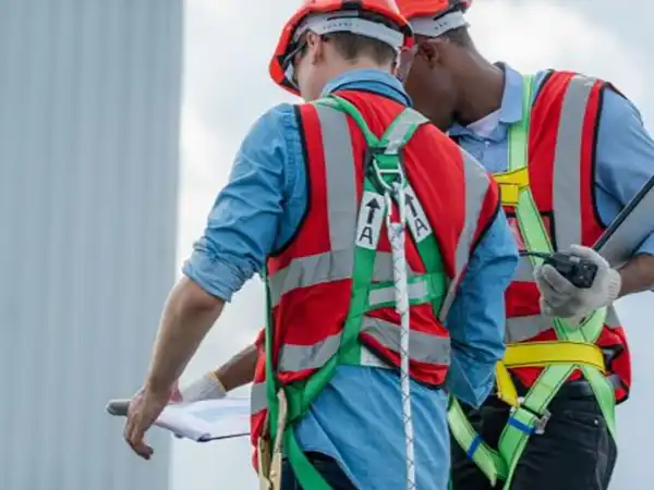 Two workers looking over some plans